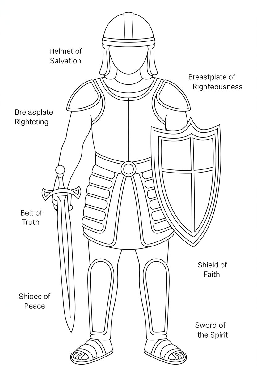 Christian Coloring Pages for Kids: 20 Inspirational Designs to Inspire Faith 41 A human figure wearing the Armor of God, showing a helmet, breastplate, belt, sandals, shield, and sword.